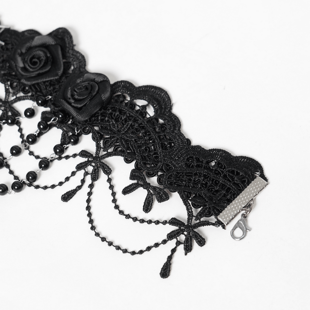 Gothic Lace Choker Necklace with Cross Pendant featuring rose lace and beaded details for a dark romantic style.