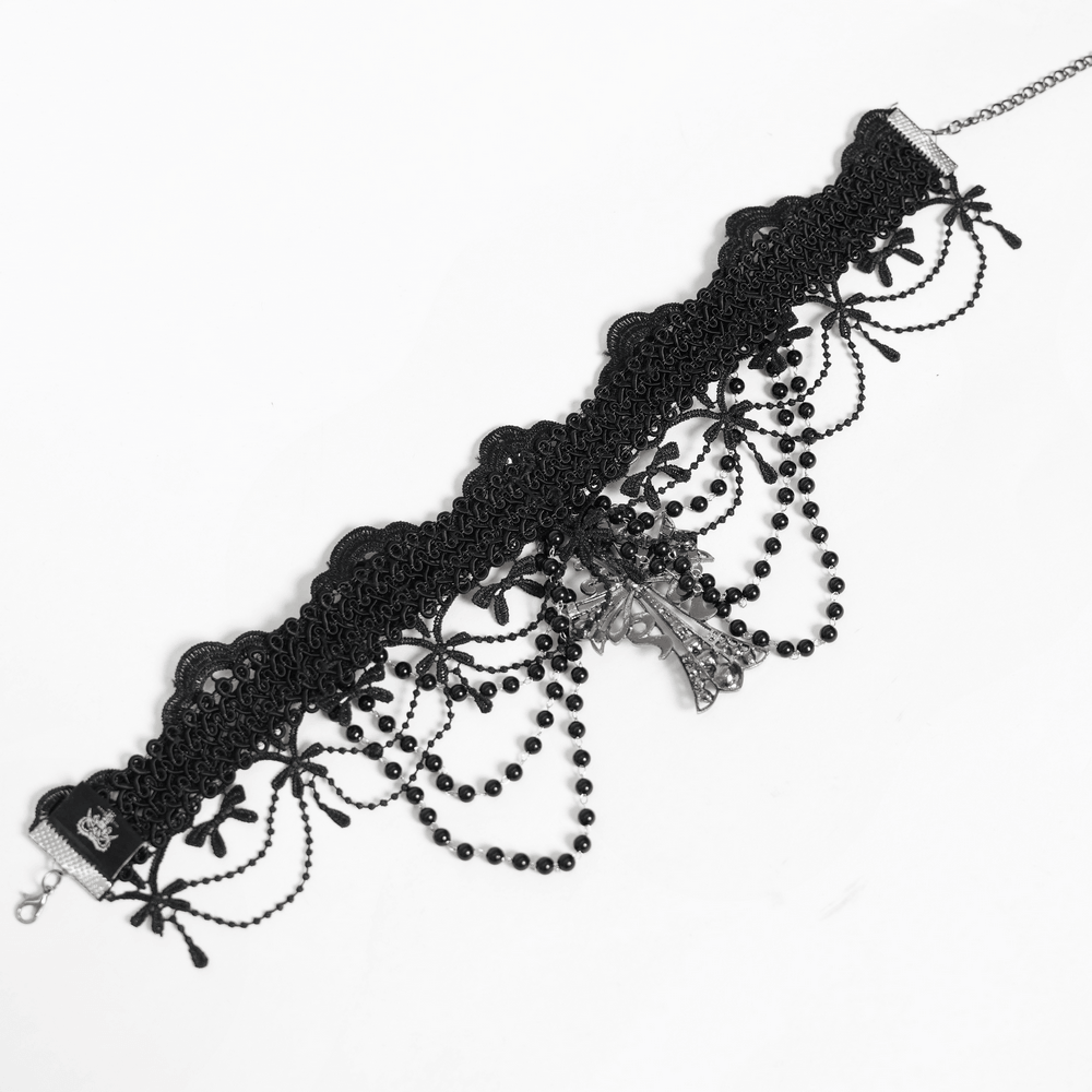 Gothic Lace Choker Necklace with Cross Pendant featuring black lace, beaded drapes, and spiderweb accents.