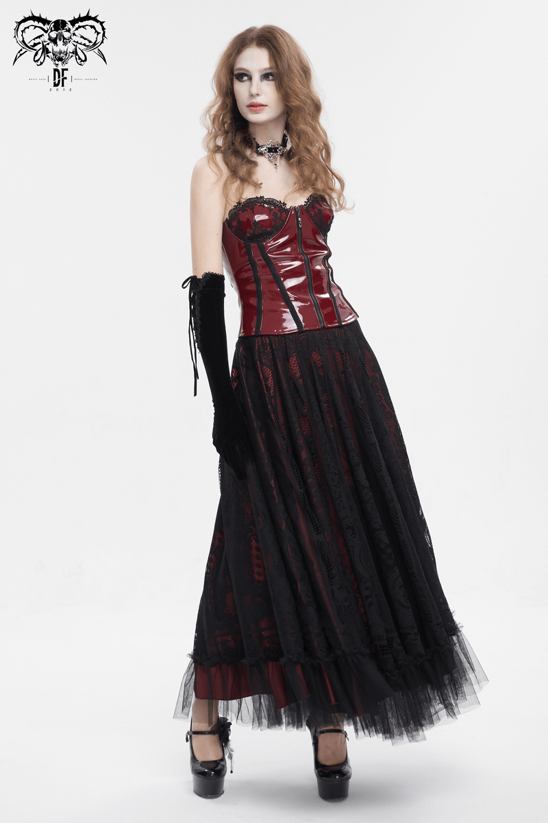 Gothic style model in a red corset and black skirt, showcasing vintage elegance and dark allure.