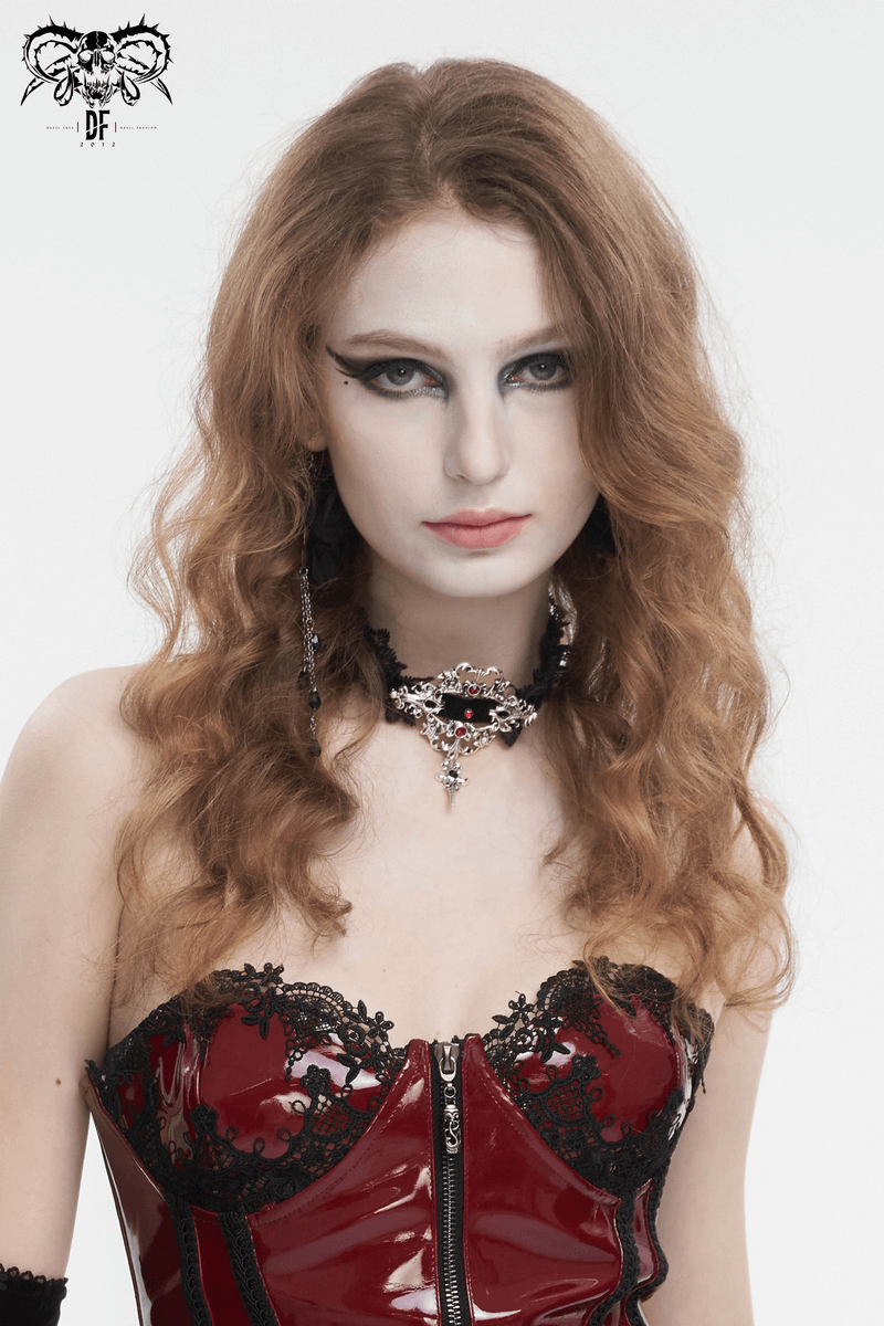 Gothic lace choker with silver cross pendant enhances vintage style in woman with striking makeup.
