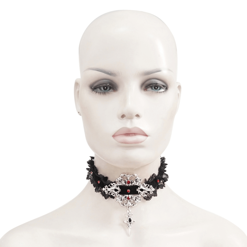Gothic Lace Choker With Silver Cross Pendant / Vintage Beaded Black Necklace - HARD'N'HEAVY