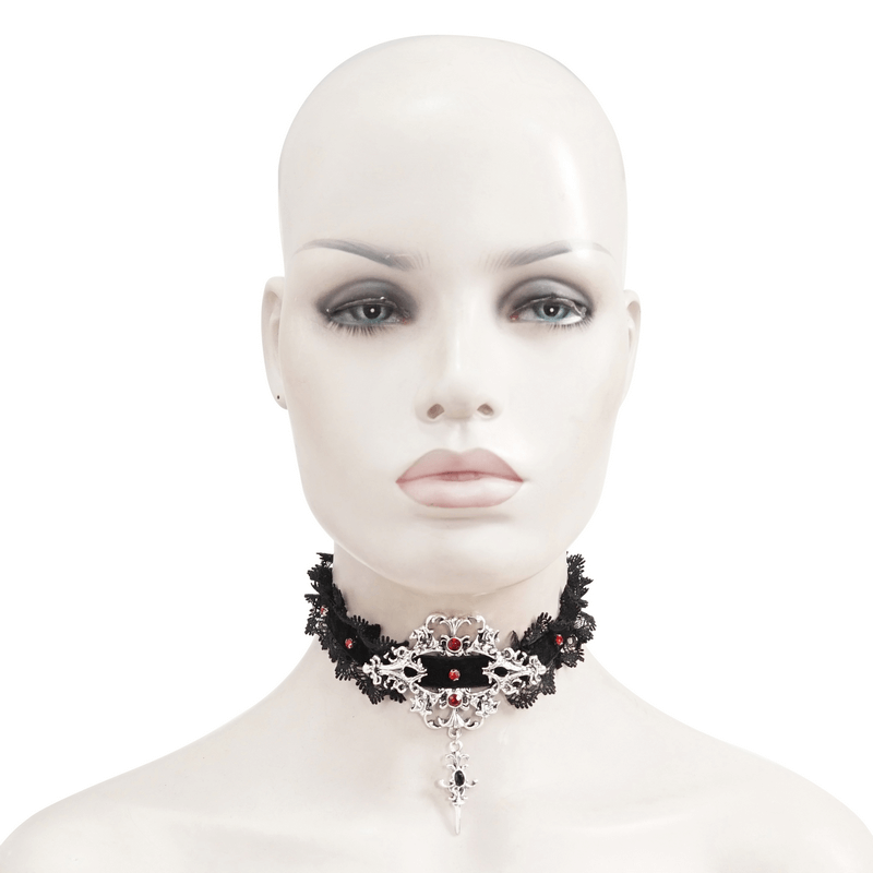 Gothic lace choker with silver cross pendant and vintage black beads, elegantly modeled on a mannequin.