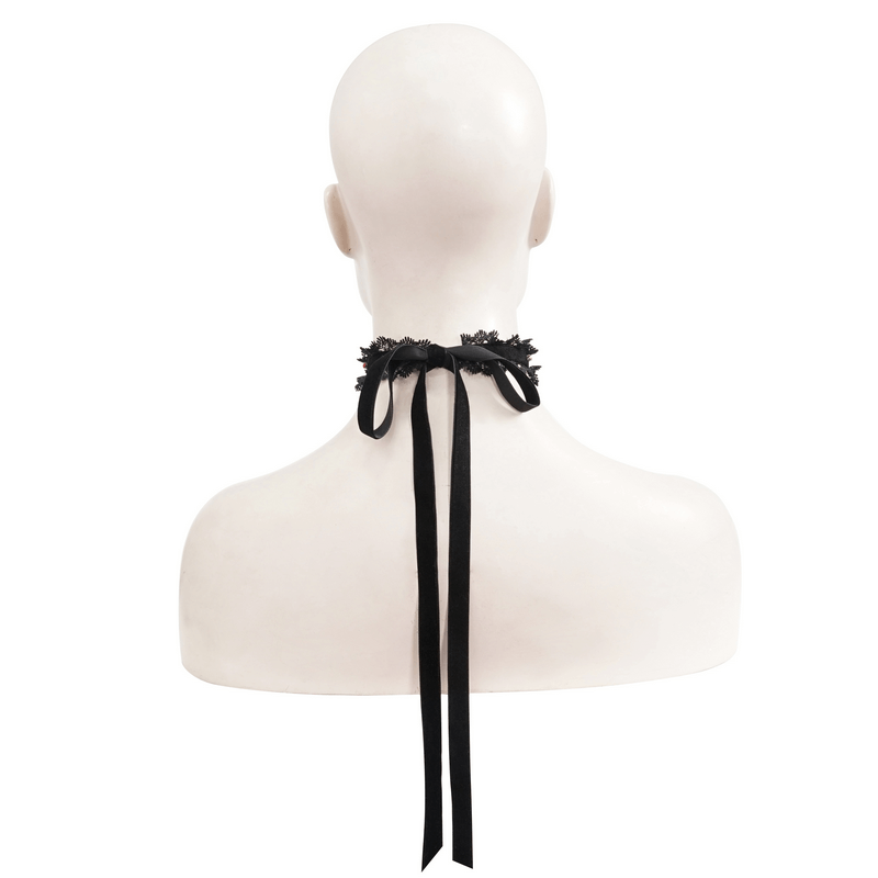 Gothic lace choker with silver cross pendant on a mannequin, showcasing vintage elegance and dark allure.