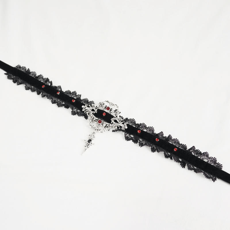 Gothic lace choker with silver cross pendant and red beads, perfect for vintage-inspired gothic elegance.