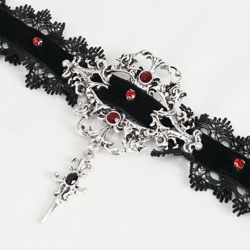 Gothic lace choker featuring a silver cross pendant and red accents, perfect for vintage gothic style.