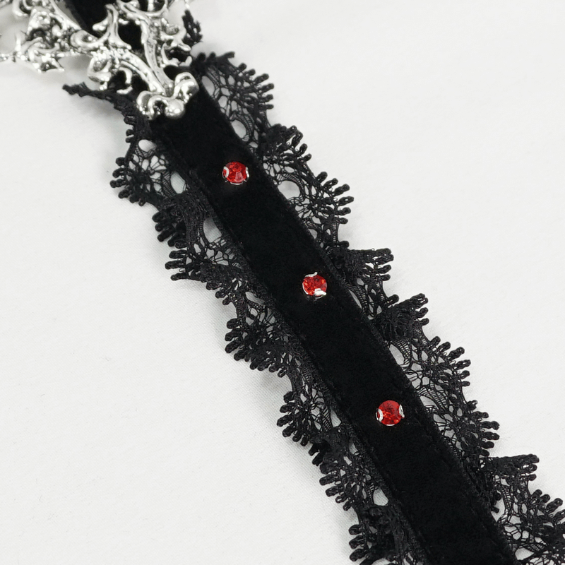 Gothic lace choker with silver cross pendant and red beads, perfect for vintage-inspired gothic fashion.