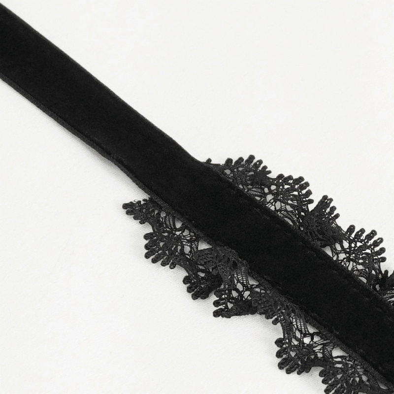 Close-up of a gothic lace choker with intricate black lace detailing, perfect for vintage-inspired outfits.