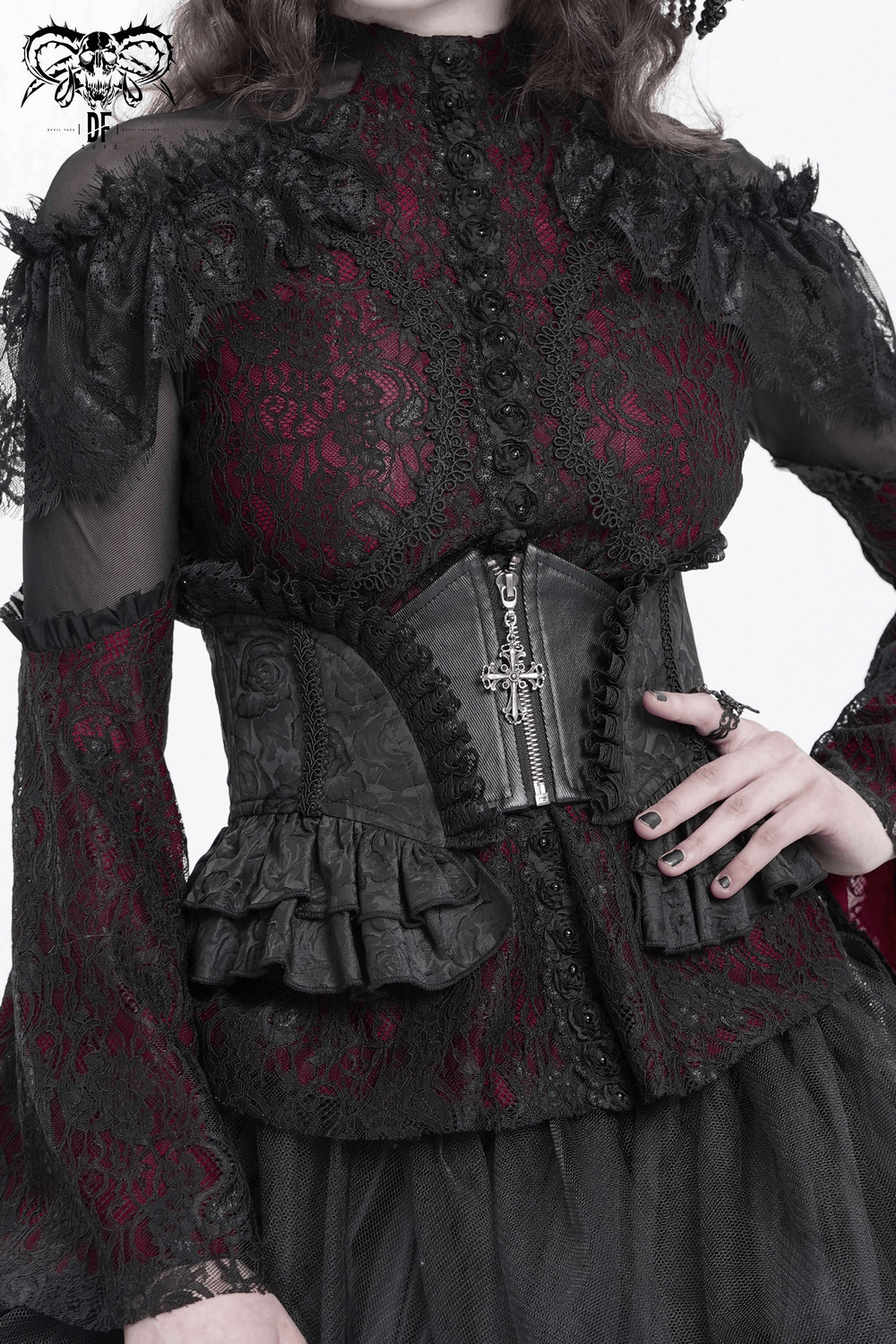 Gothic lace corset belt with zipper and cross details, perfect for a Victorian-inspired dark aesthetic.