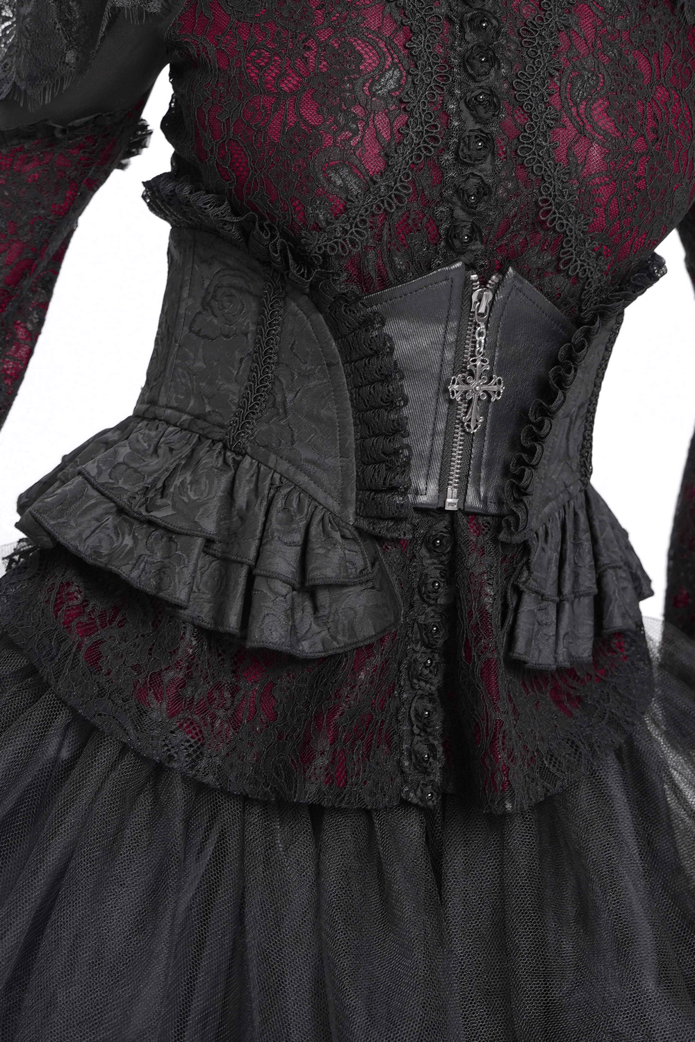 Gothic lace corset belt with zipper and cross pendant, featuring ruffled detailing and brocade fabric.