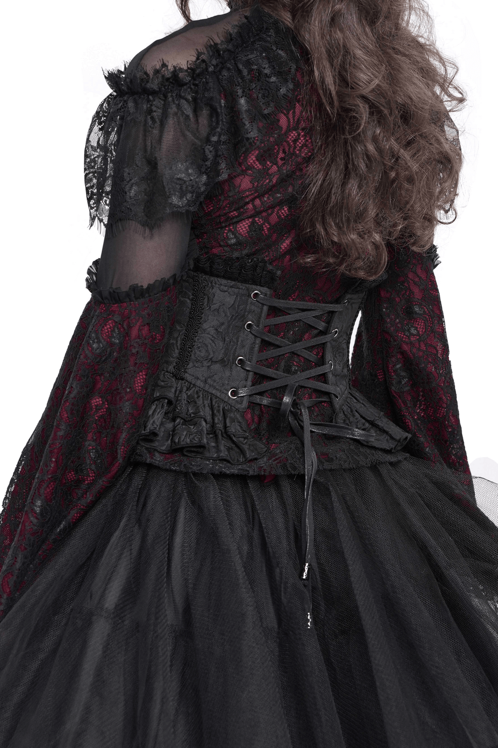 Gothic lace corset belt with zipper and cross details, paired with a Victorian-style dress, creating a striking silhouette.