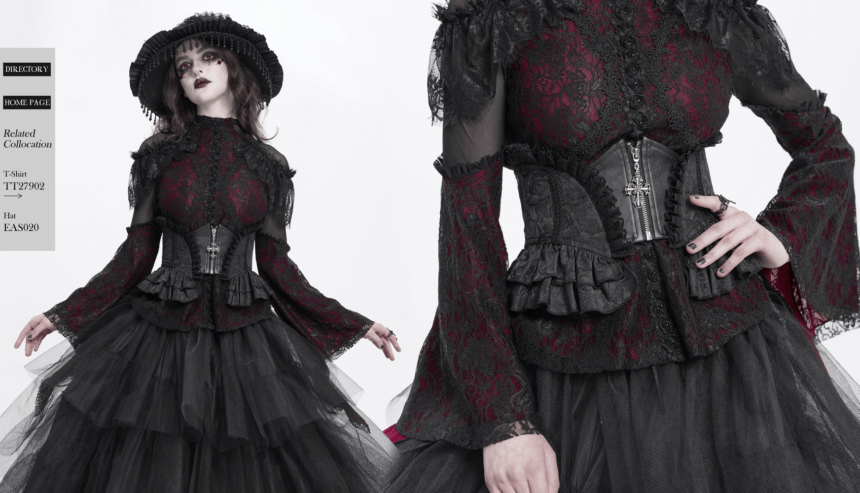 Gothic lace corset belt with ruffled detailing and cross zipper, styled with Victorian flair and dramatic layers.