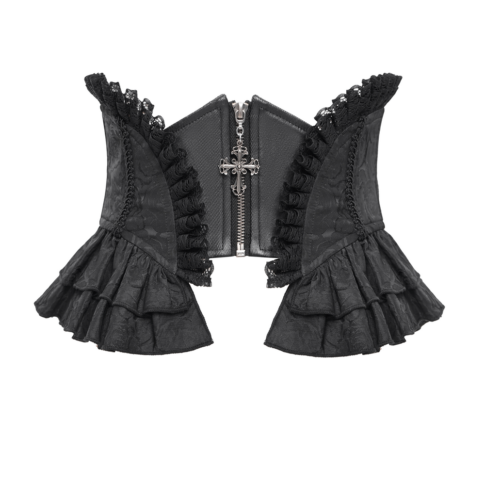 Gothic lace corset belt with zipper, cross pendant, and dramatic ruffled detailing for a Victorian style.