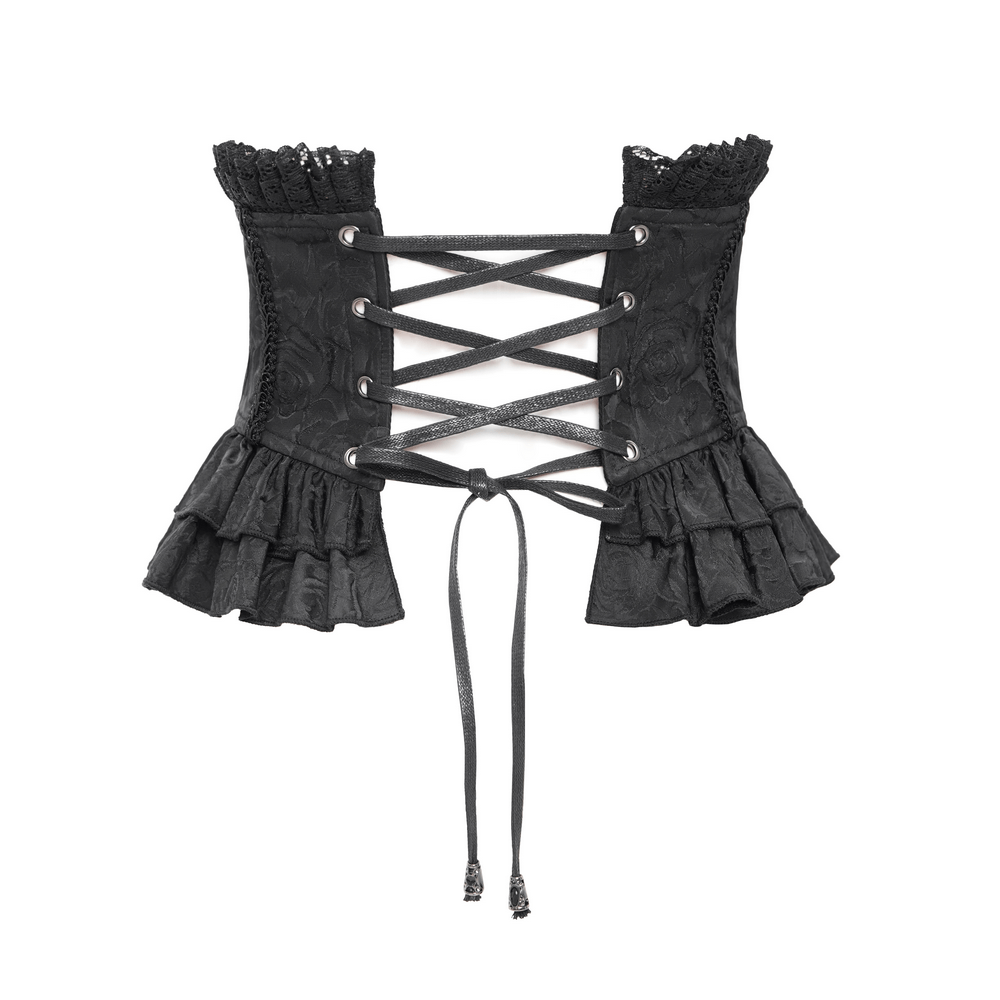 Gothic lace corset belt with ruffled detailing and central lace-up design, perfect for a dramatic Victorian-inspired silhouette.