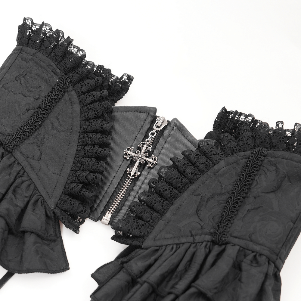 Gothic lace corset belt featuring ruffled detailing, central zipper, and cross pendant in dark brocade fabric.