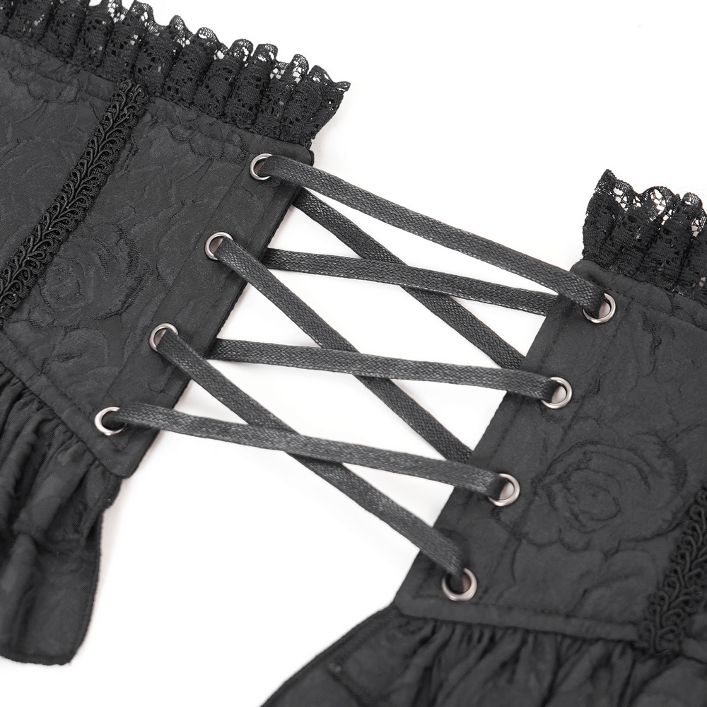 Gothic lace corset belt with ruffled detailing and crisscross lacing for Victorian-inspired elegance.