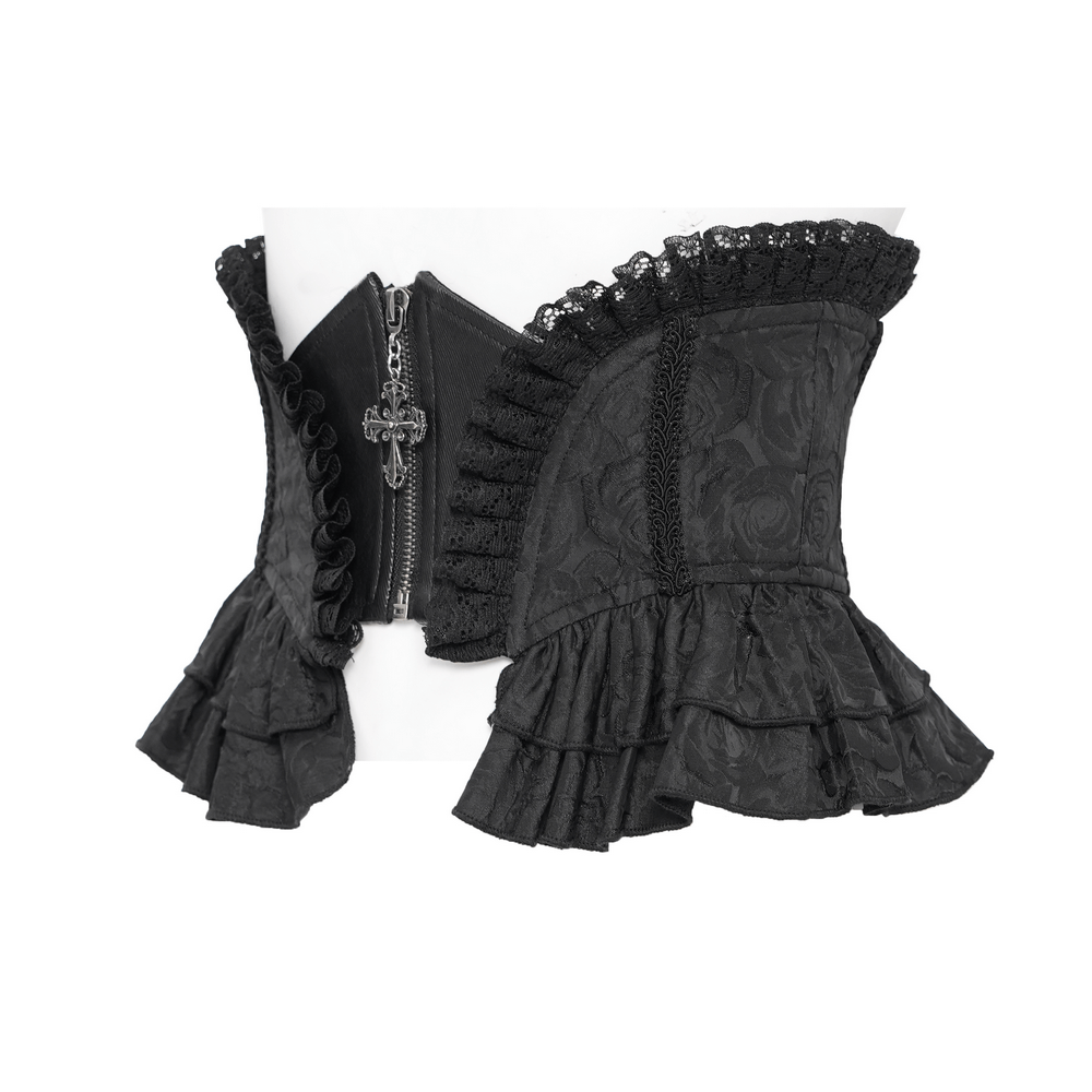 Gothic lace corset belt with ruffled detailing and central zipper featuring a cross pendant, perfect for a dark aesthetic.