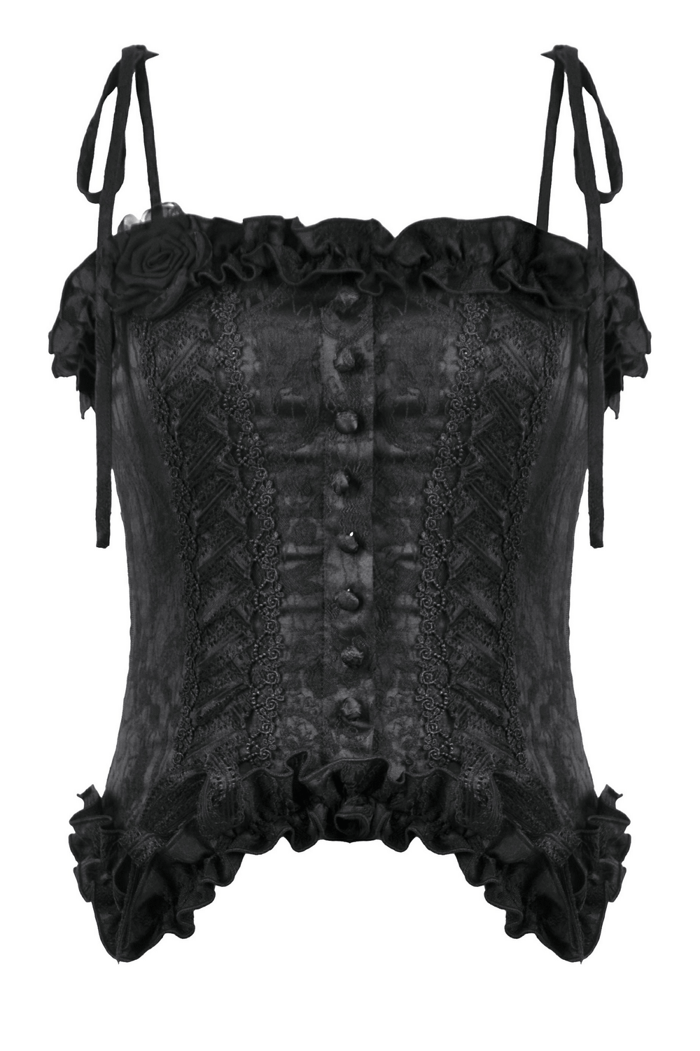 Gothic lace corset top with adjustable ribbon straps and ruffled trim, perfect for Victorian and steampunk styles.