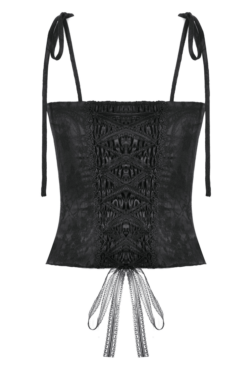 Gothic lace corset top with adjustable ribbon straps and lace-up back for a flattering silhouette.