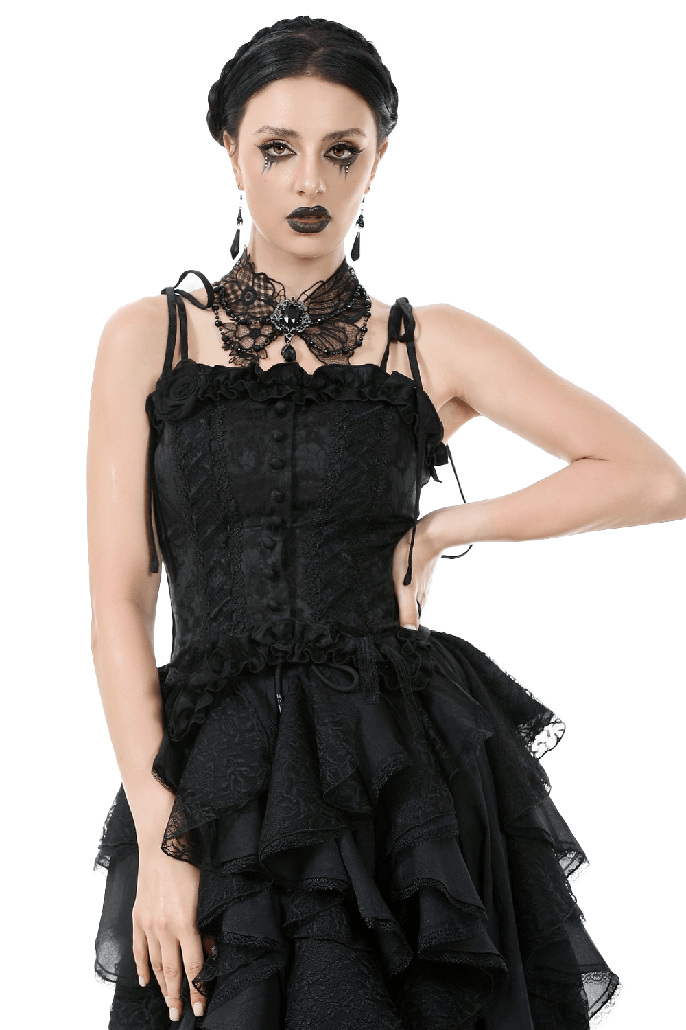 Gothic lace corset top with adjustable ribbons, vintage buttons, and ruffled trim for a dark romantic look.