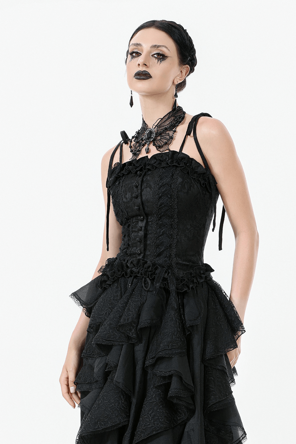 Gothic lace corset top with adjustable ribbon straps, featuring detailed brocade and ruffled trim for a vintage look.