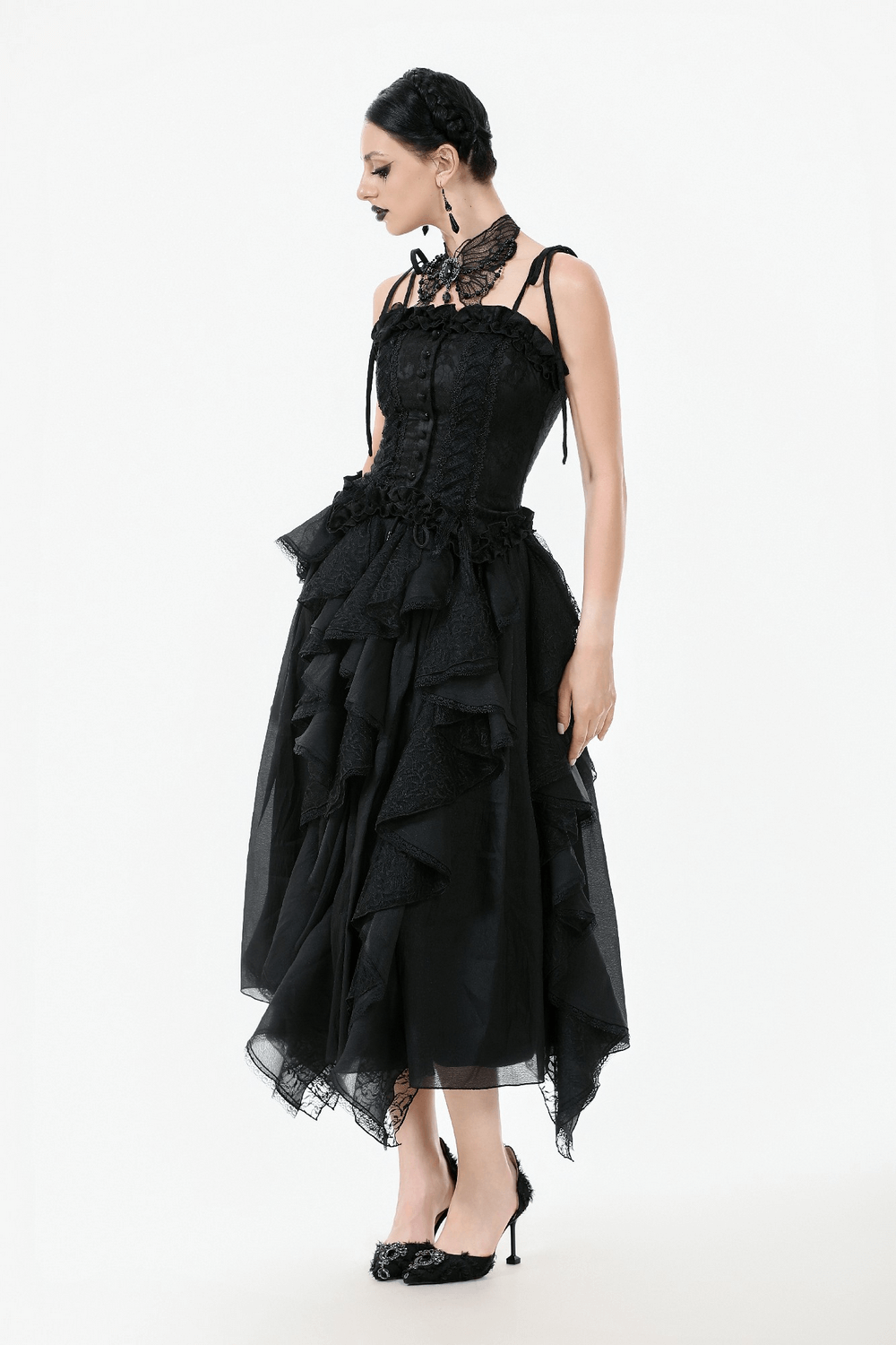 Gothic lace corset top with adjustable ribbon straps and ruffled skirt, perfect for dark romance and vintage charm.