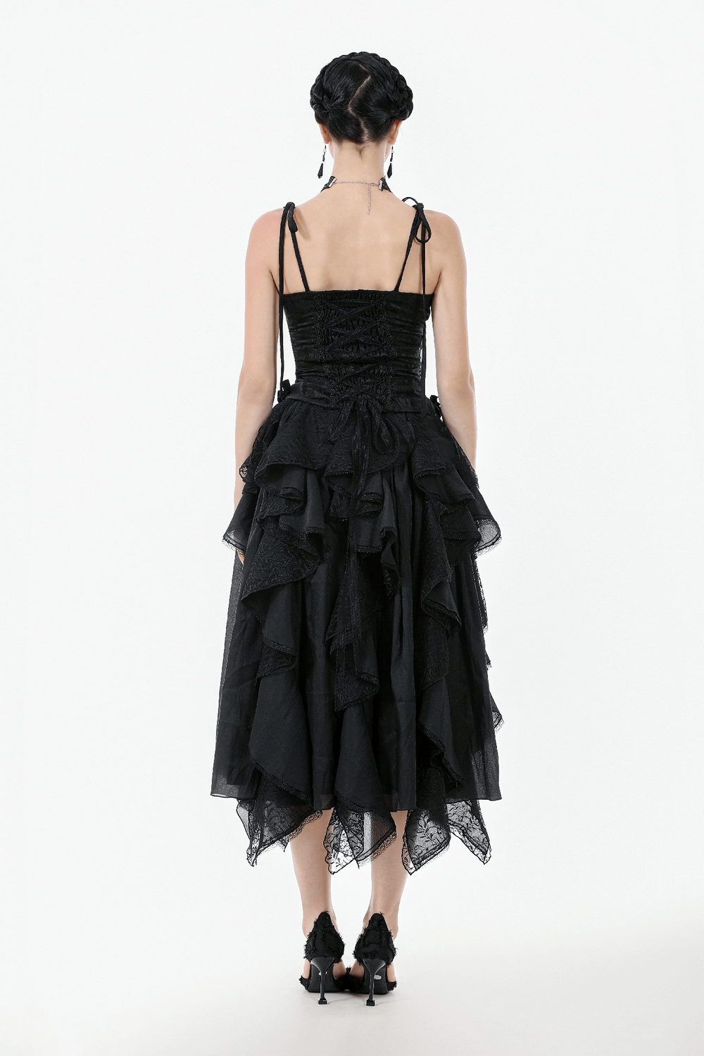 Back view of a Gothic lace corset top with ruffled trim and adjustable ribbon straps, perfect for dark romantic styles.