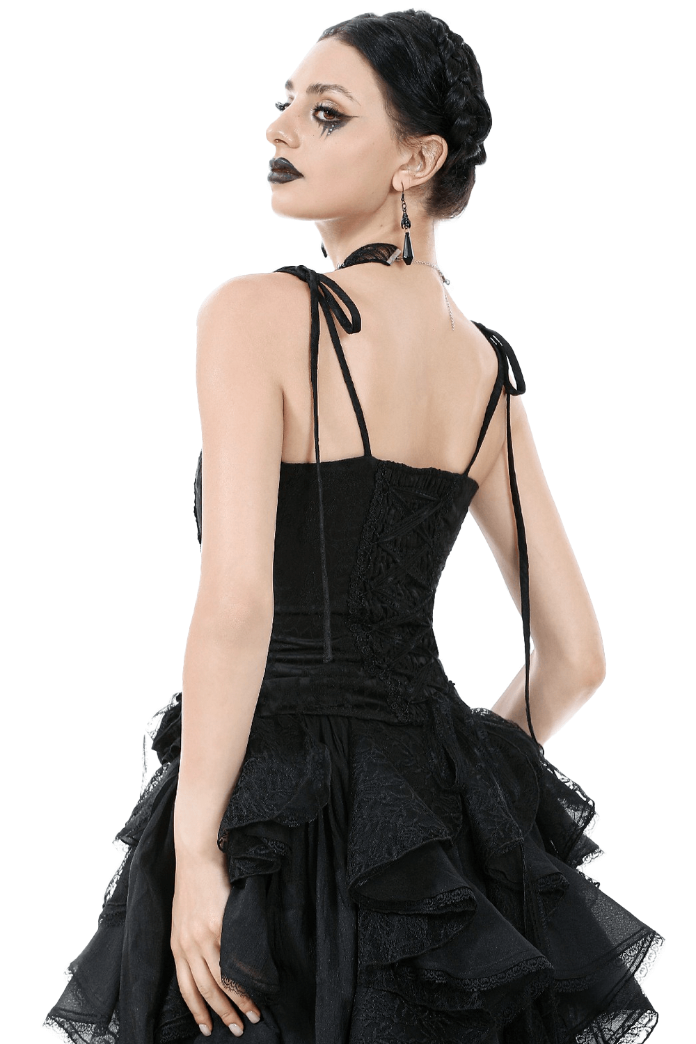 Back view of a gothic lace corset top with adjustable ribbon straps and layered black skirt, exuding Victorian elegance.