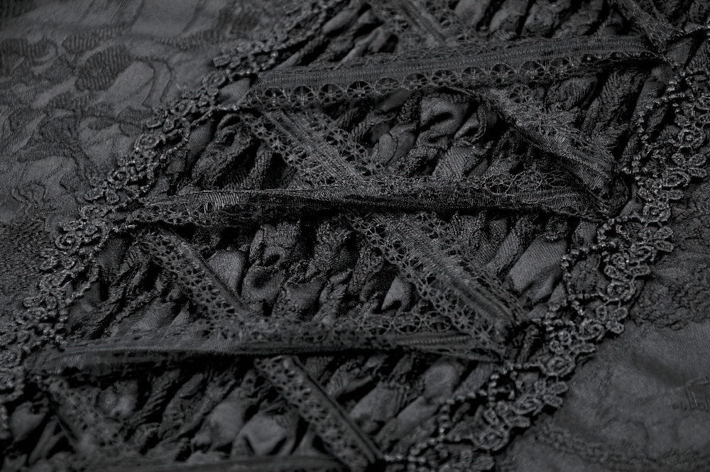 Close-up of intricate black lace and brocade fabric, showcasing gothic elegance and vintage charm.