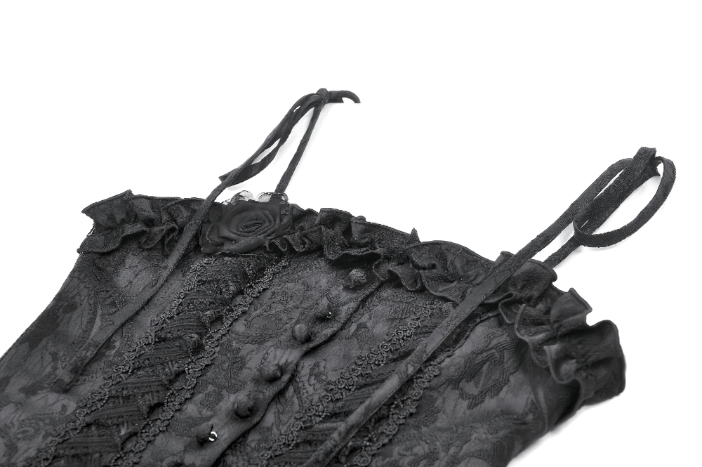 Gothic lace corset top with adjustable ribbon straps and vintage brocade detailing in black.