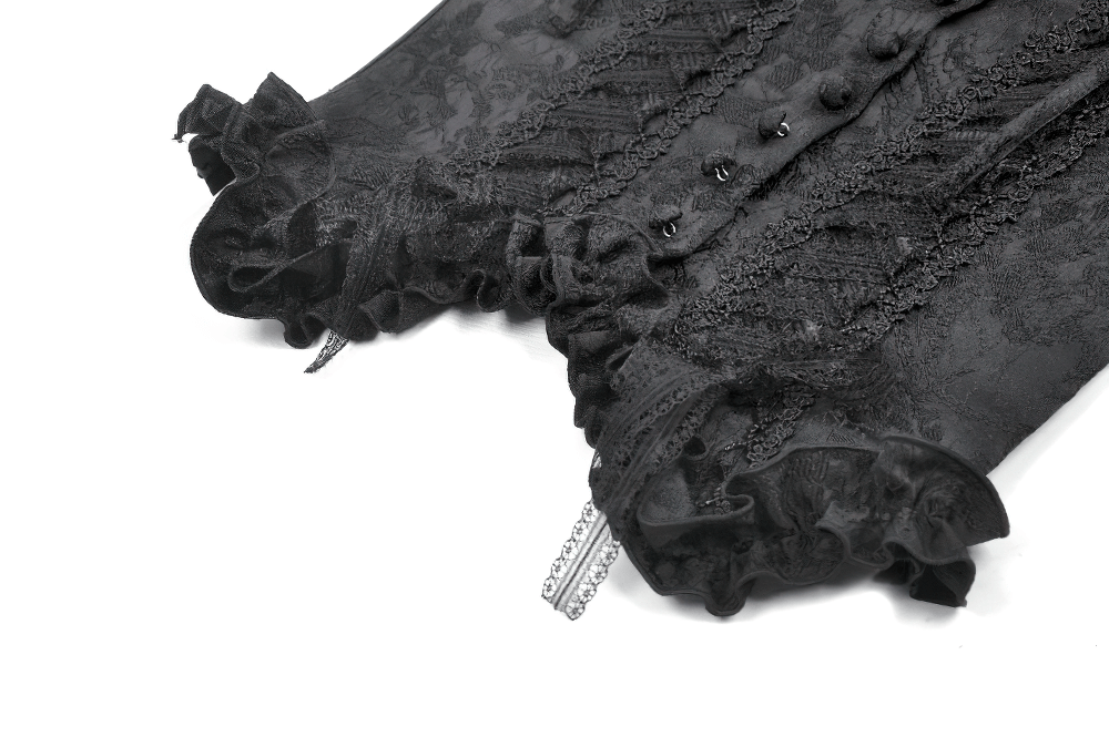 Gothic lace corset top featuring decorative buttons and ruffled trim, perfect for vintage-inspired outfits.