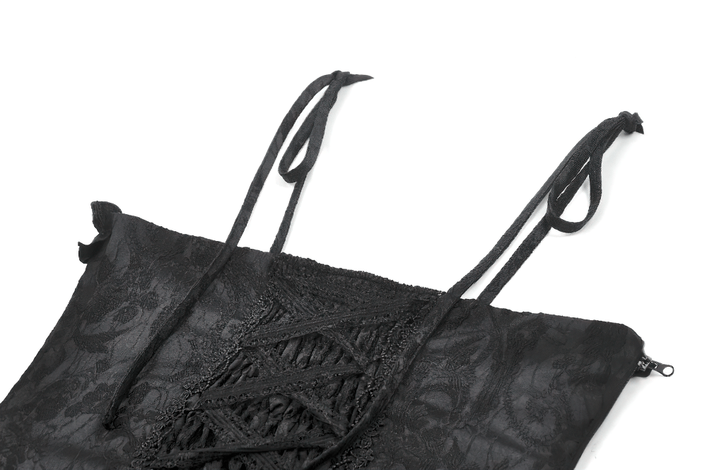 Gothic lace corset top with adjustable ribbon straps and intricate brocade detailing.