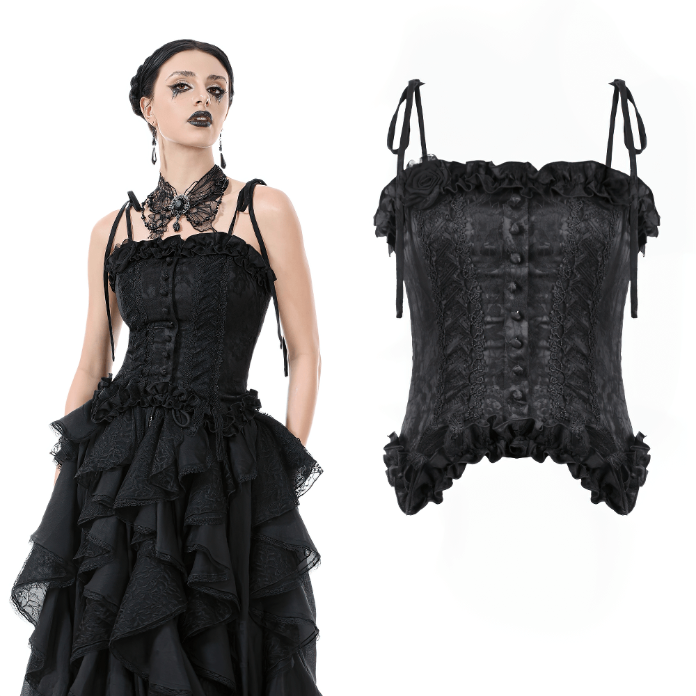 Gothic lace corset top with adjustable ribbon straps, featuring brocade fabric and vintage button detailing.