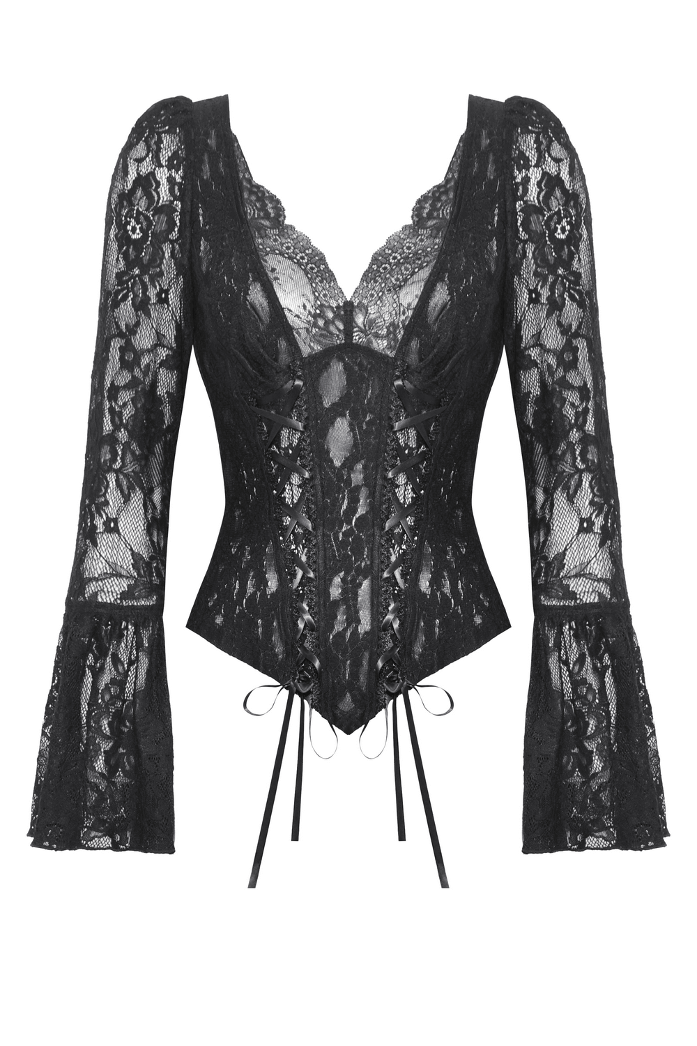 Gothic lace corset top with bell sleeves and tie accents, Victorian-inspired black lace, perfect for vintage outfits.