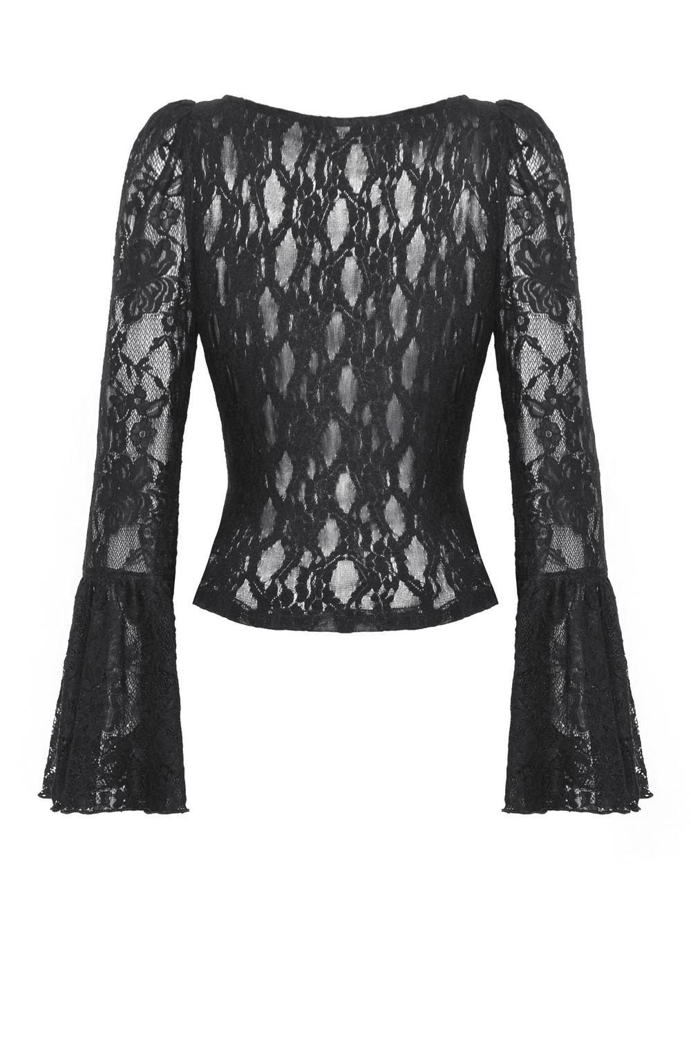 Black lace gothic corset top with bell sleeves and tie accents displaying Victorian-inspired elegance.