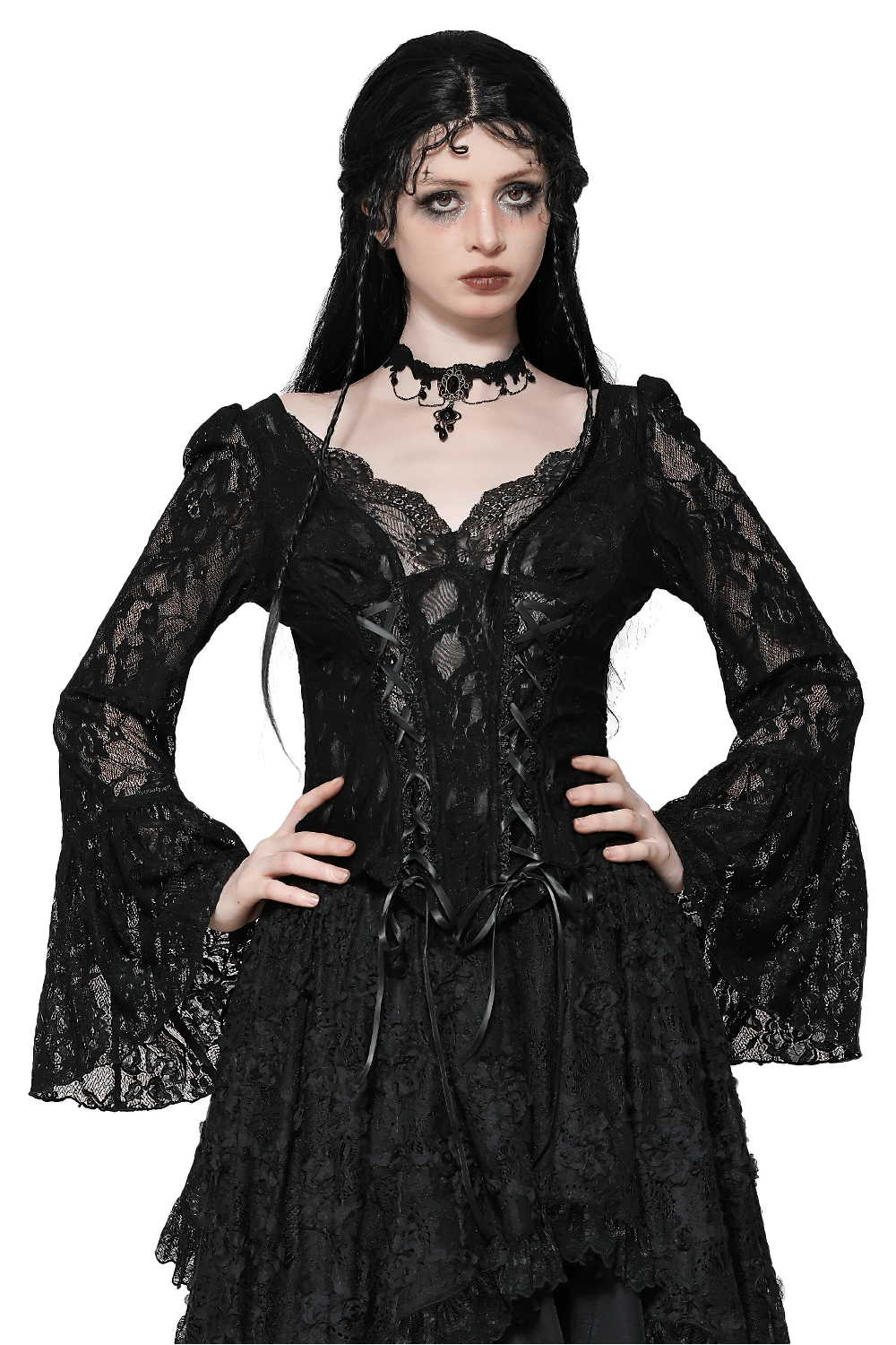 Gothic black lace corset top with bell sleeves and tie accents, Victorian-inspired elegance for vintage fashion lovers.