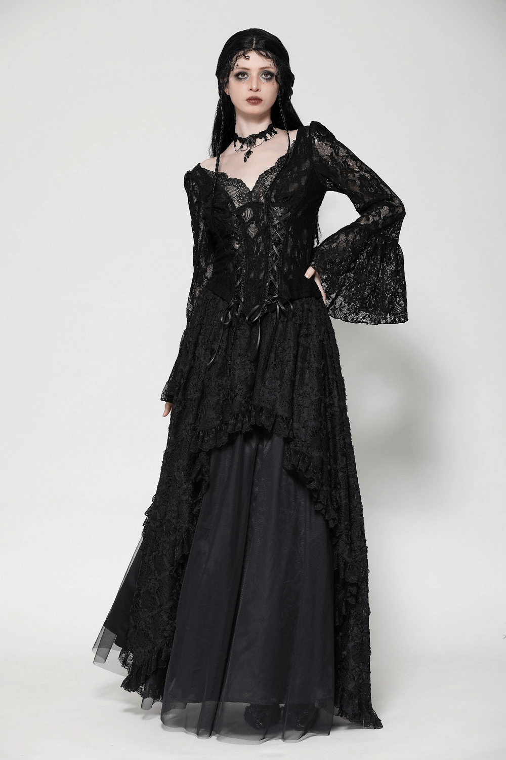 Victorian-inspired black lace gothic corset top with dramatic bell sleeves and lace-up accents for a bold, elegant look.