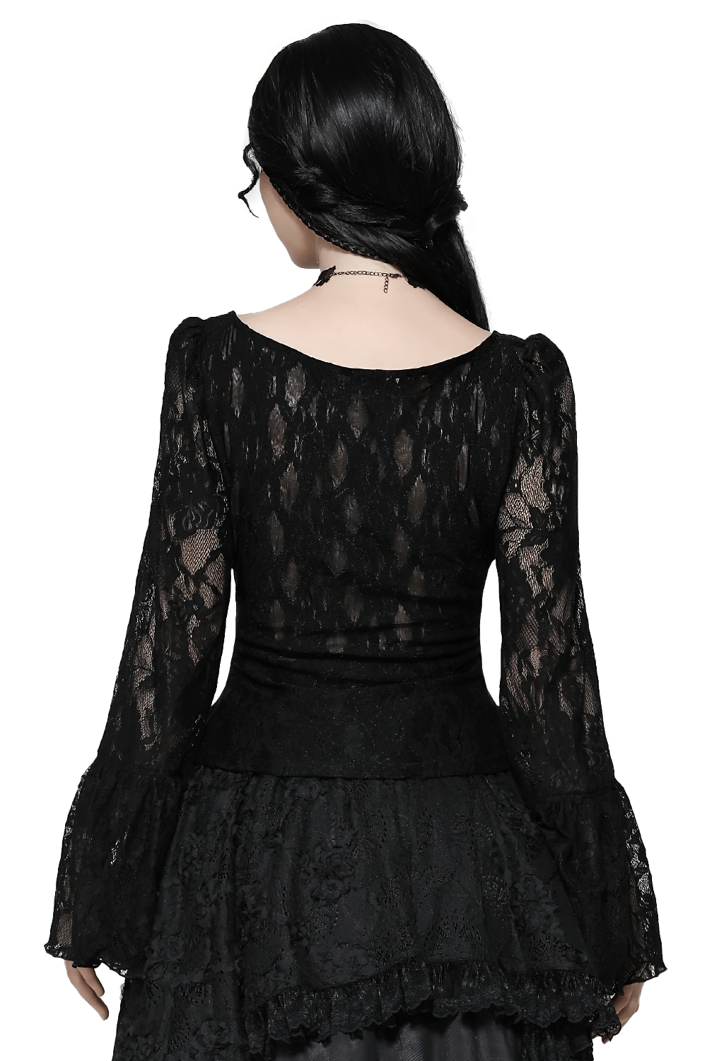 Back view of a black gothic lace corset top with bell sleeves, showcasing intricate lace detailing.