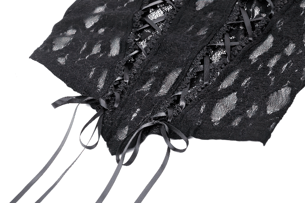 Intricate black lace corset with chic lace-up accents and satin ribbon ties for a gothic-inspired look.