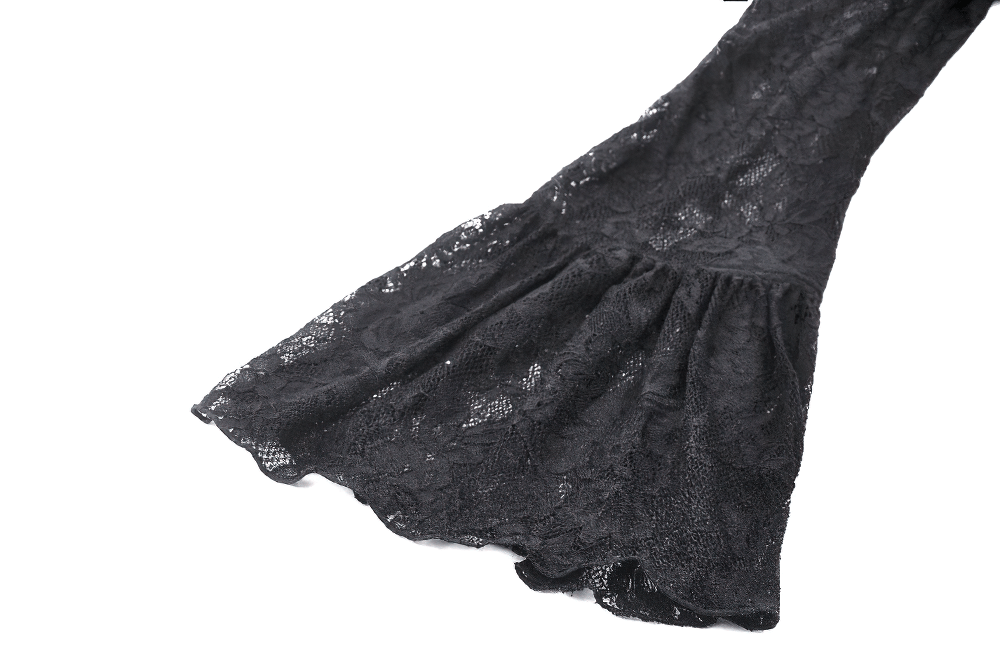 Victorian-inspired black lace bell sleeve detail of gothic corset top.