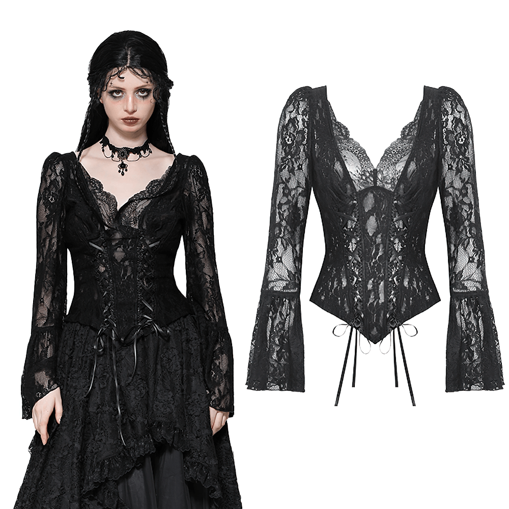 Gothic lace corset top with bell sleeves and tie accents styled on model and displayed flat, showcasing Victorian-inspired dark elegance.