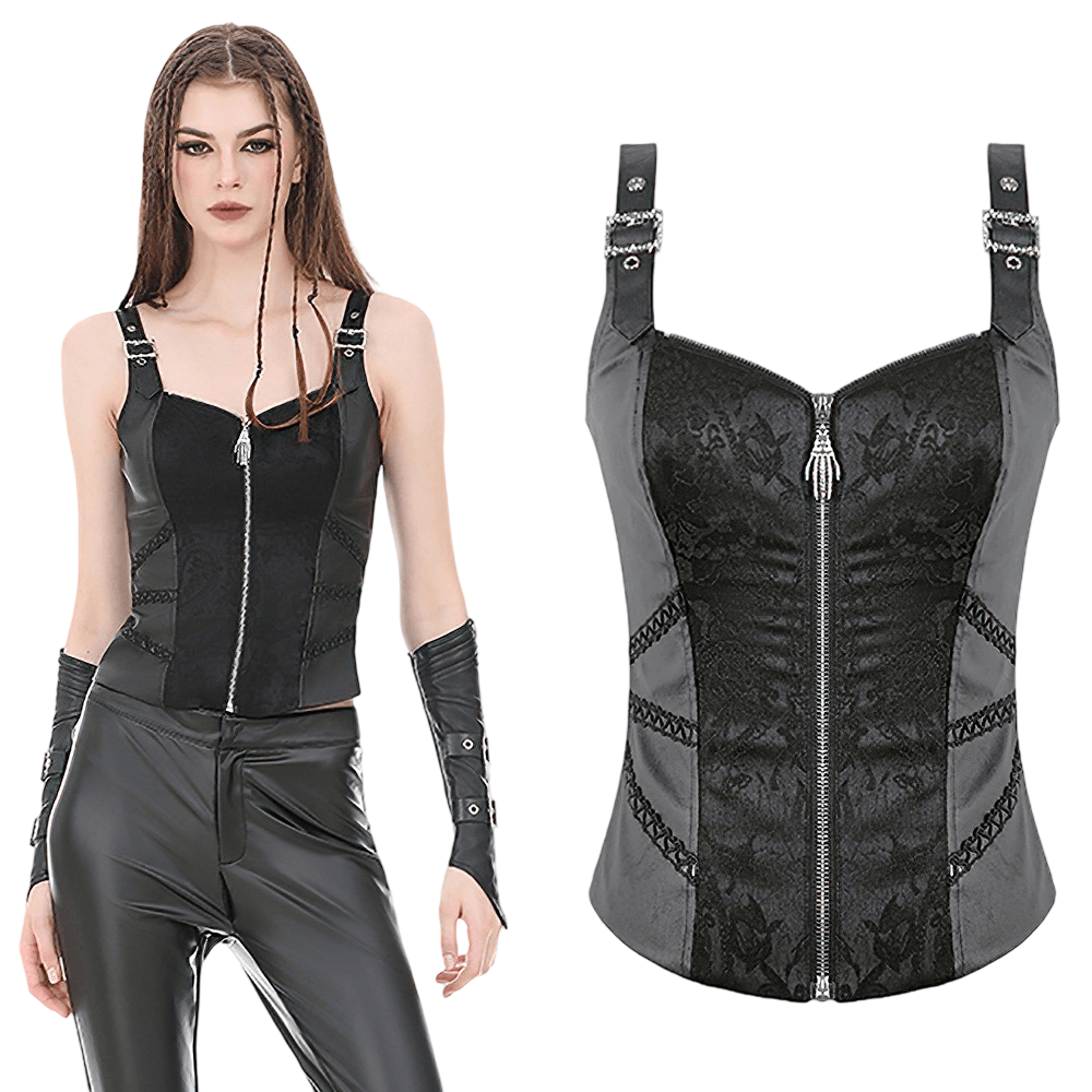 Gothic Lace Corset Top with Buckled Straps and Front Zip