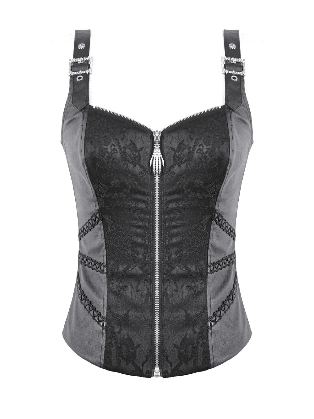 Gothic Lace Corset Top with Buckled Straps and Front Zip