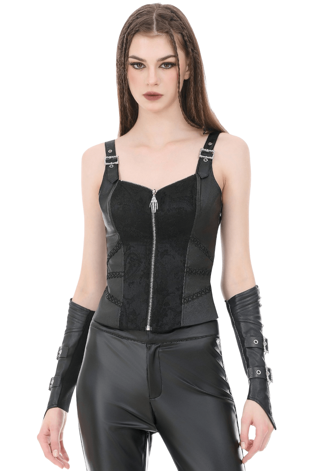 Gothic Lace Corset Top with Buckled Straps and Front Zip