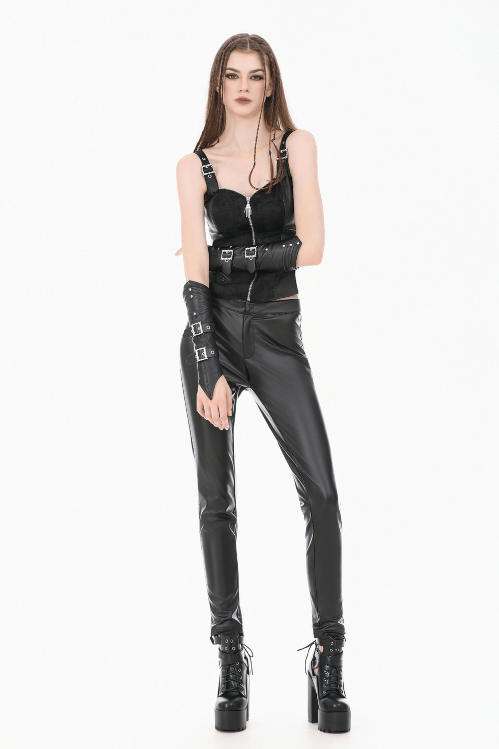 Gothic Lace Corset Top with Buckled Straps and Front Zip