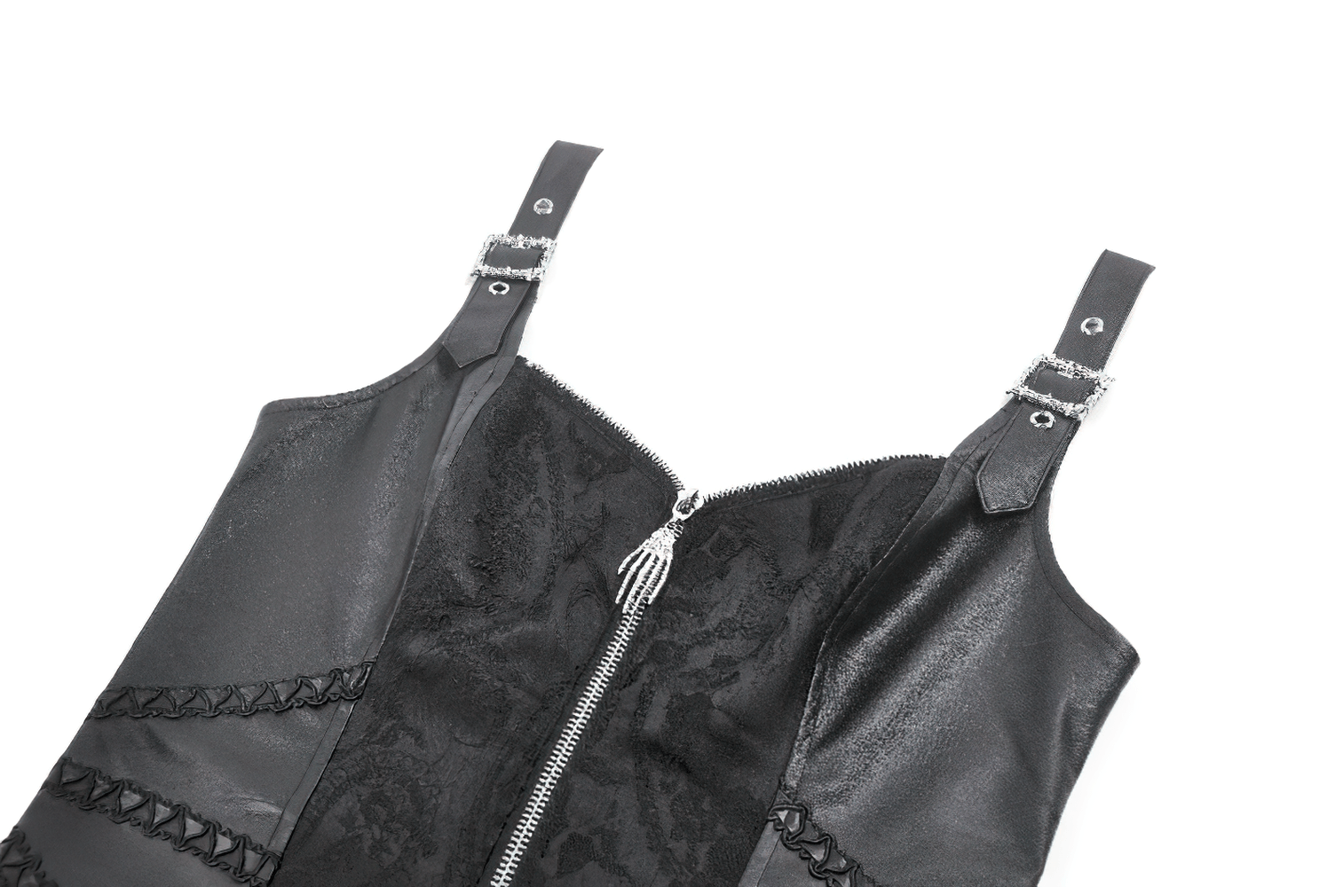 Gothic Lace Corset Top with Buckled Straps and Front Zip