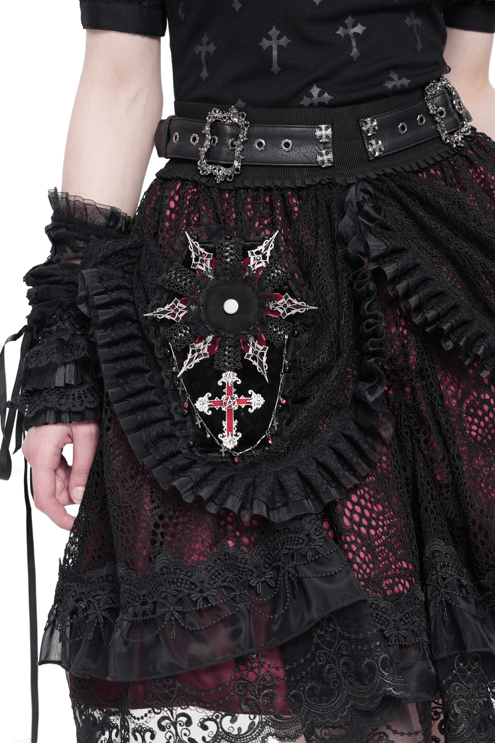 Gothic skirt with intricate lace and cross details, decorated with ruffles and a black belt, perfect for alternative fashion.