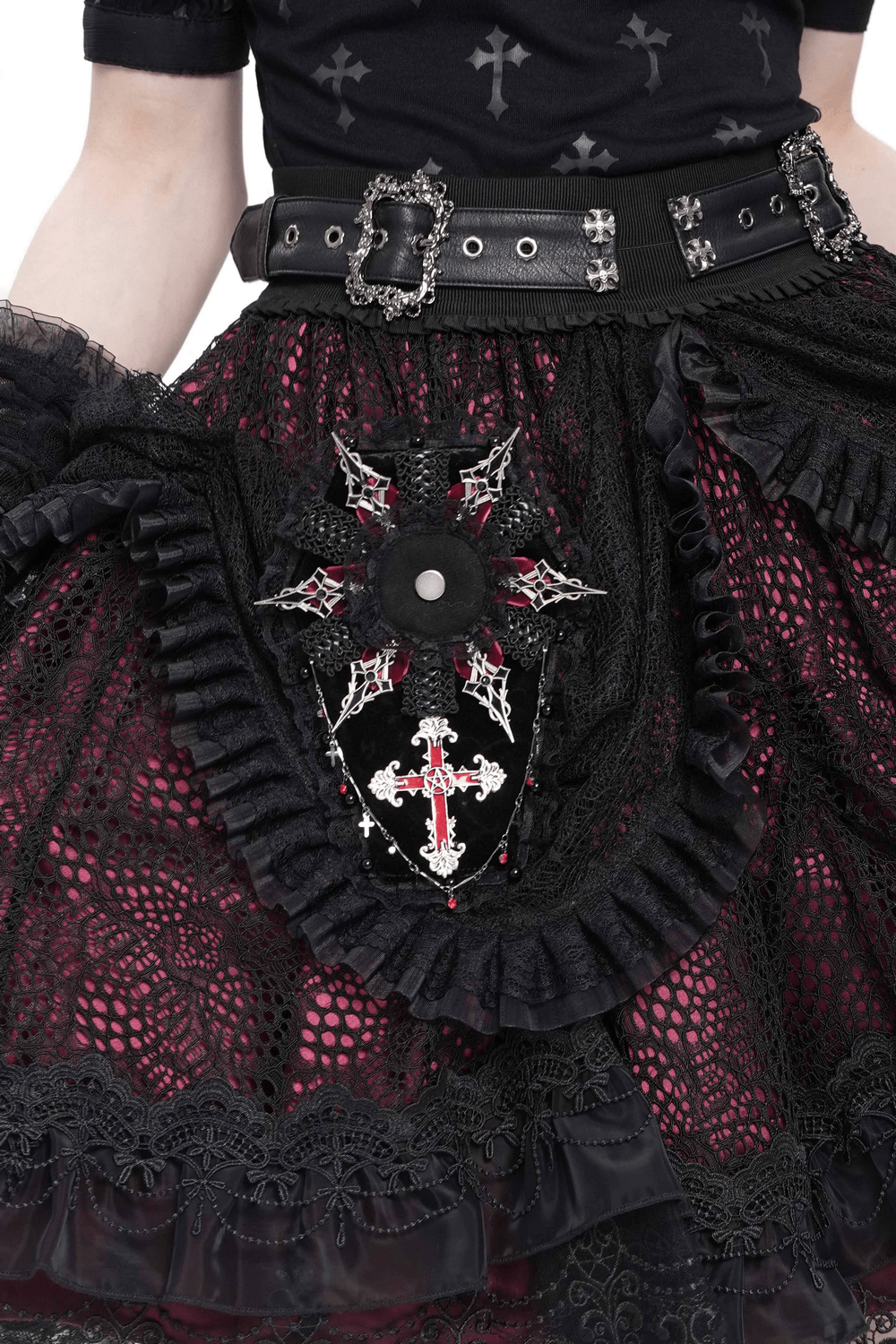 Gothic lace skirt with cross appliqué, bell-shaped hem, and black belt, perfect for alternative fashion.