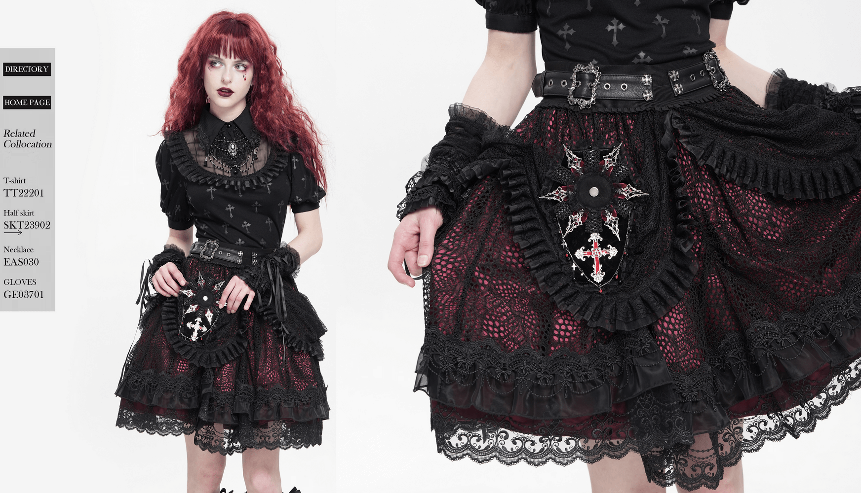 Gothic Victorian-inspired outfit featuring black lace and red accents, showcasing a stylish skirt with intricate details.