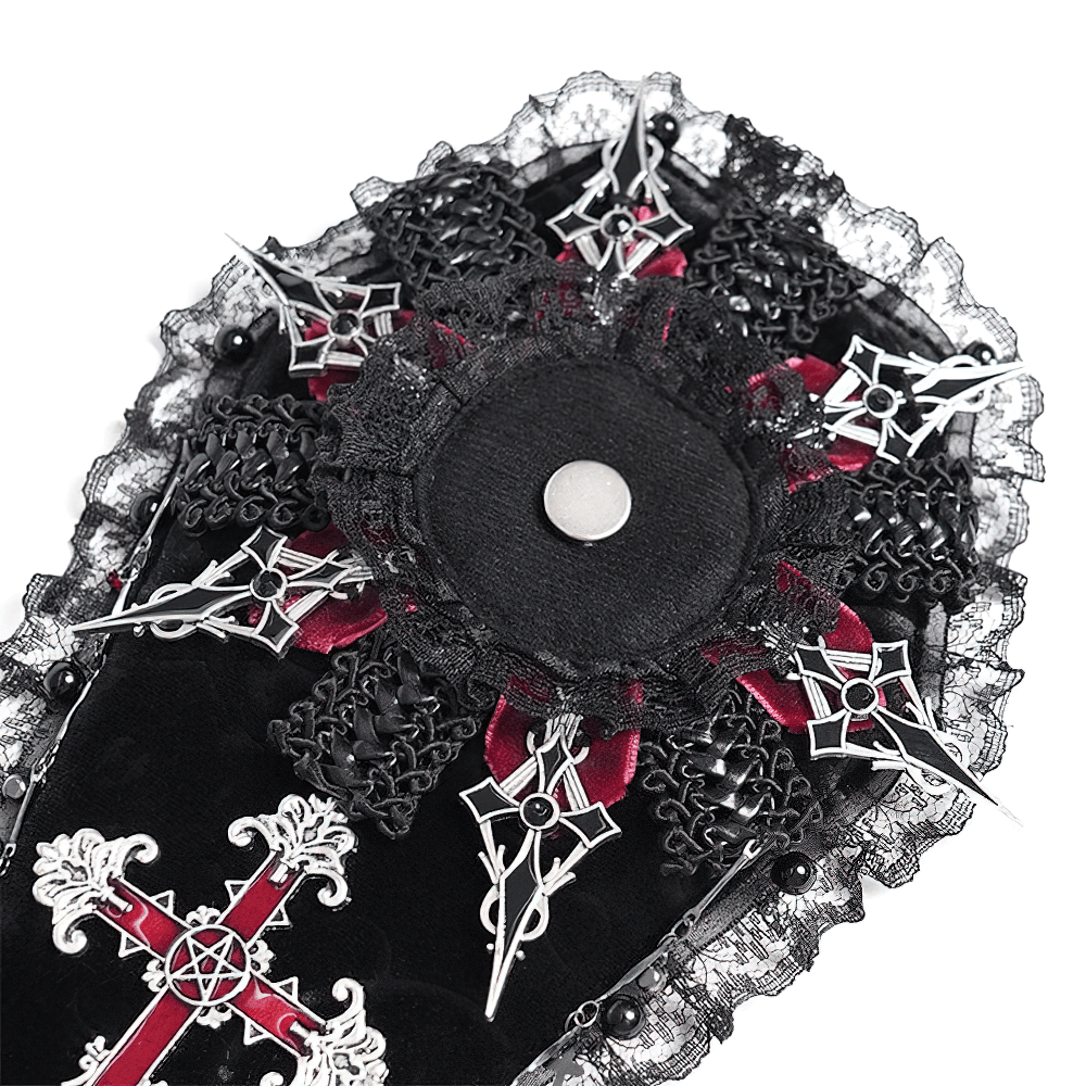 Gothic coffin brooch with intricate lace and cross design, perfect for alternative fashion.