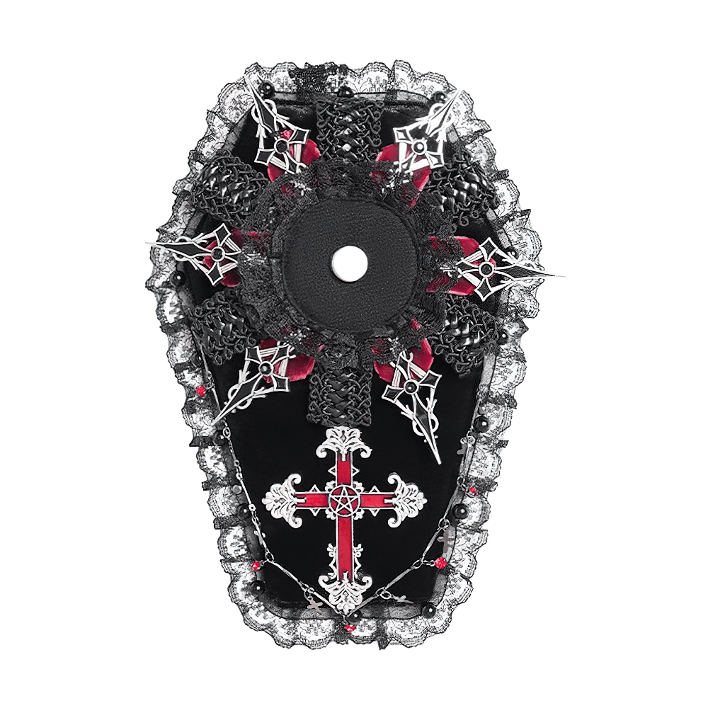 Gothic lace coffin brooch with cross and spiderweb details for alternative fashion enthusiasts.